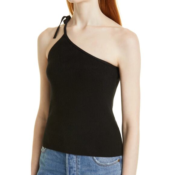 ba&sh Black Noir Asymmetric One Shoulder Tie Tank - Picture 2 of 12